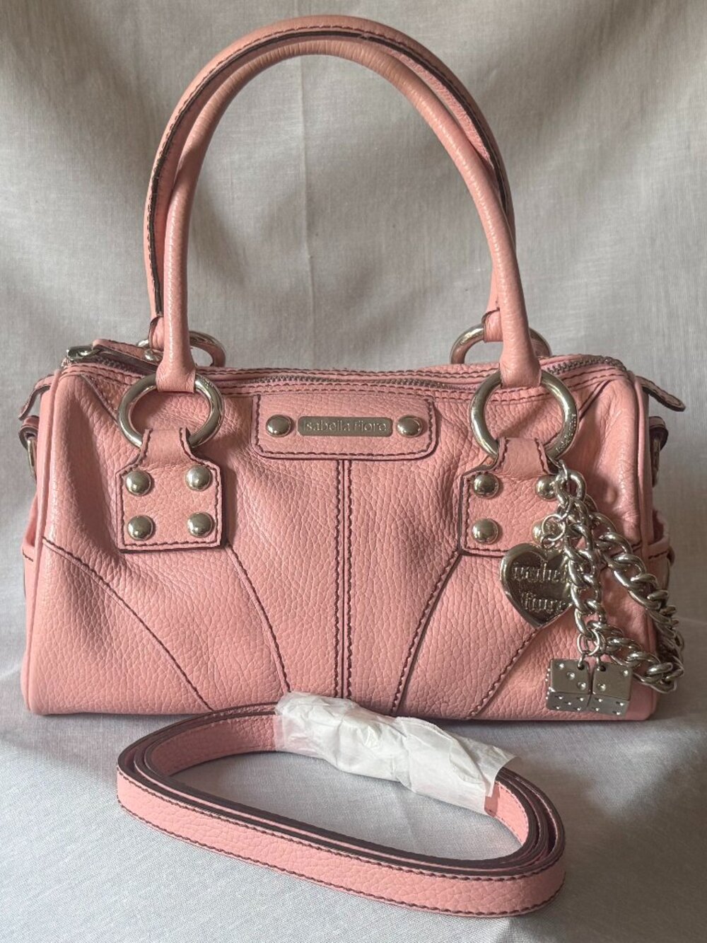 Isabella Fiore Pink Leather Satchel Y2K Chunky Chain Charm Bag 2000s Coquette